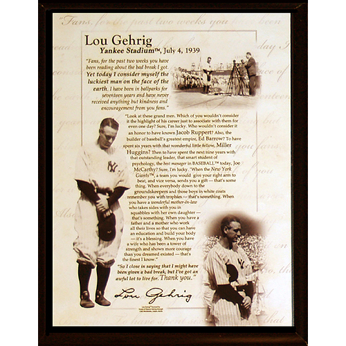 Lou Gehrig Luckiest Man Farewell Speech 8x10 Plaque!