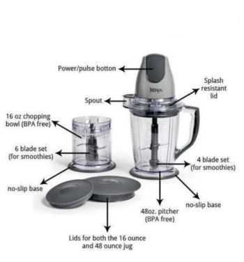 Ninja QB900B Master Prep Food Processor Blender with 48 Oz Pitcher & 16 Oz  Chopp