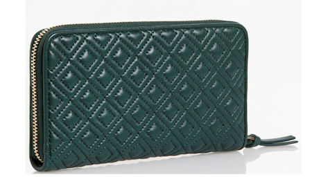 Tory Burch Quilted Nordwood Green Leather Embossed Logo Zip-Around